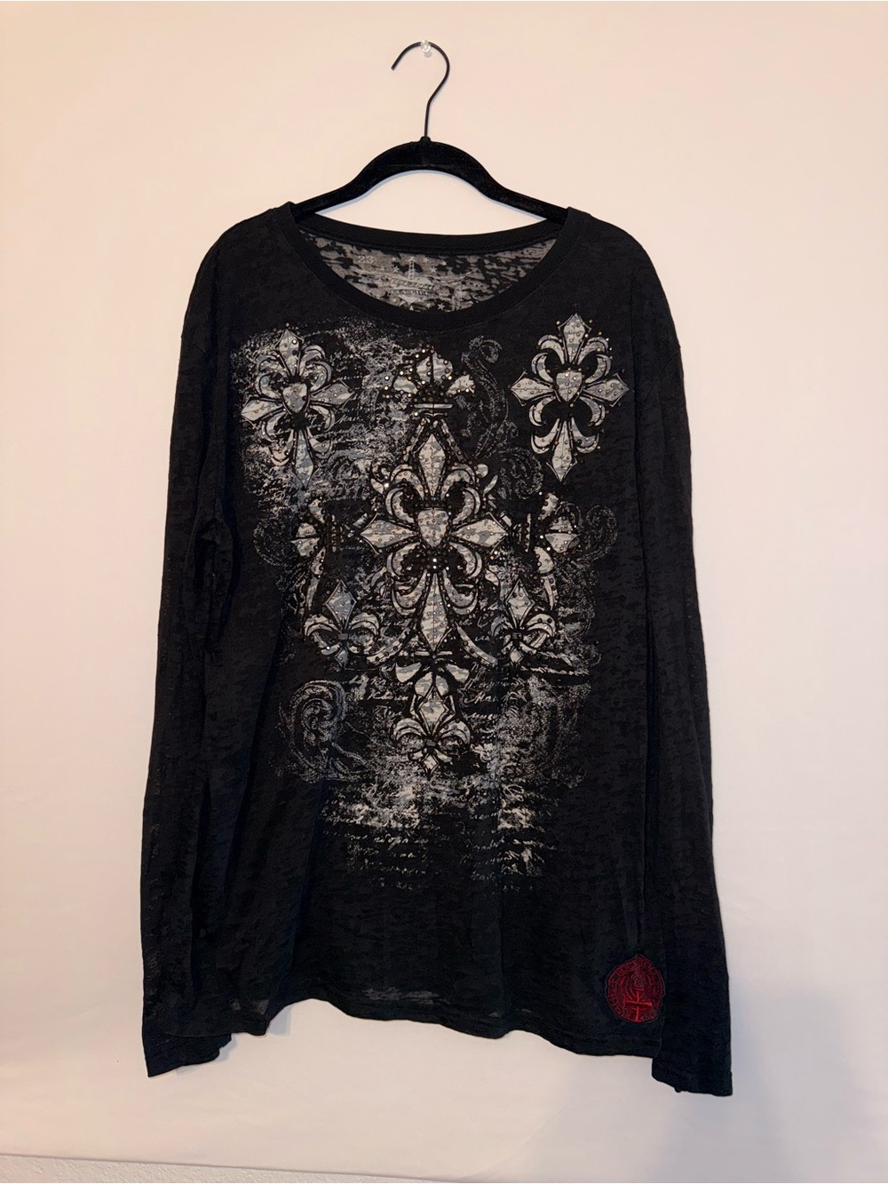 Rock & Roll Cowgirl Black Long-Sleeve Crewneck Sweater with Silver Fleur-de-Lis